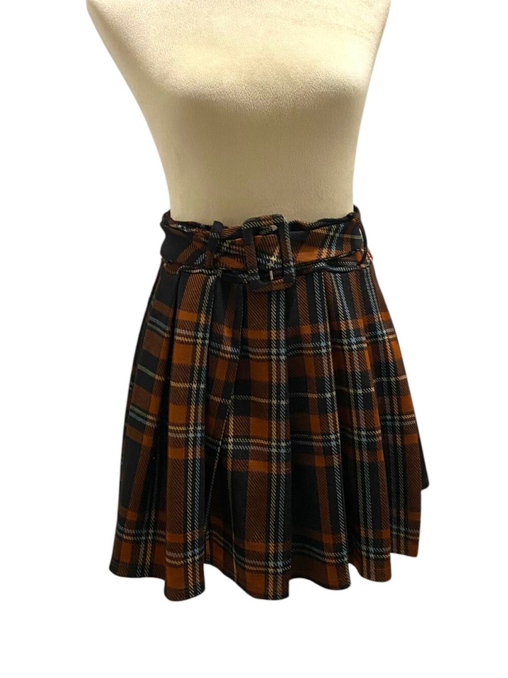 Just Polly High Pleated Skirt Size Medium Brown Black and Orange Academia Gothic
